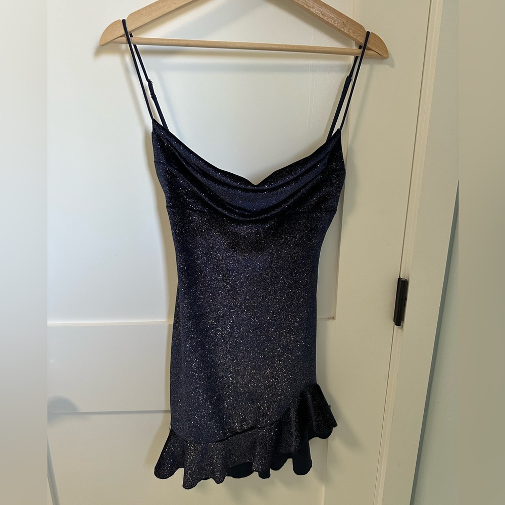 Lucy in the Sky Kailani Velvet Glitter Cowl Neck Mini Dress Navy Blue XXS - Picture 2 of 7